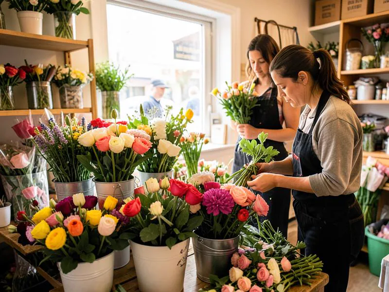 Retail florist arranging wholesale fresh cut flowers imported from Kenya