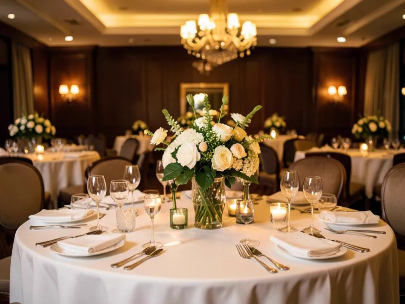 Hotel banquet table set with fresh flower centrepieces sourced from Kenya