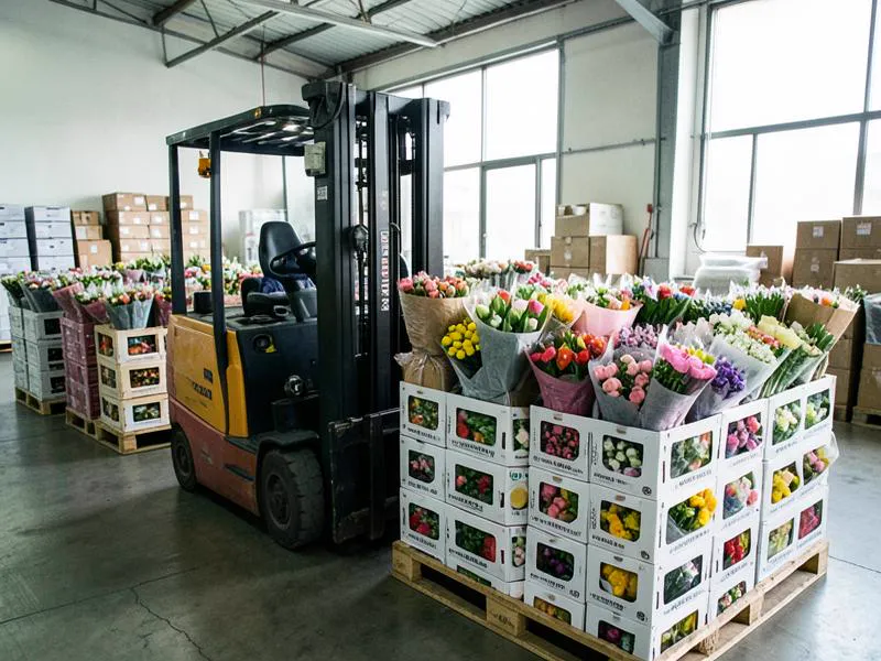 Export cartons of fresh flowers from Kenya stacked in an import wholesale warehouse