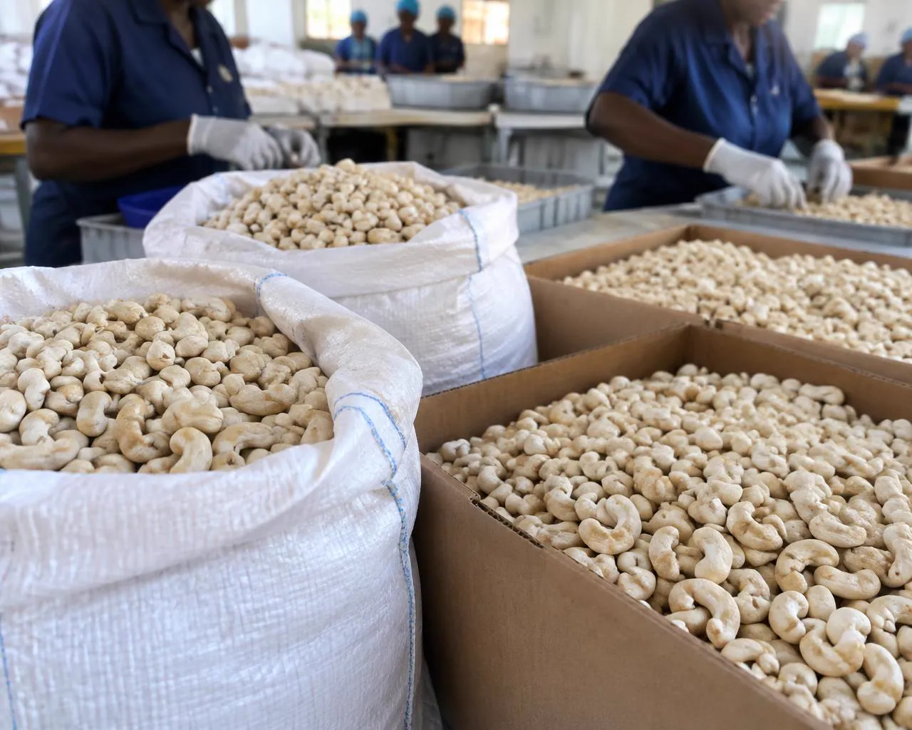 Bulk sacks and export cartons of graded Kenyan cashew kernels at a processing packhouse