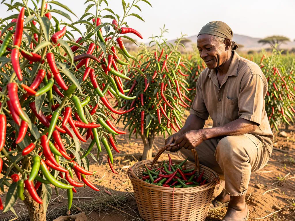 Farmer picking bird's eye chillies on a Kenyan chilli farm