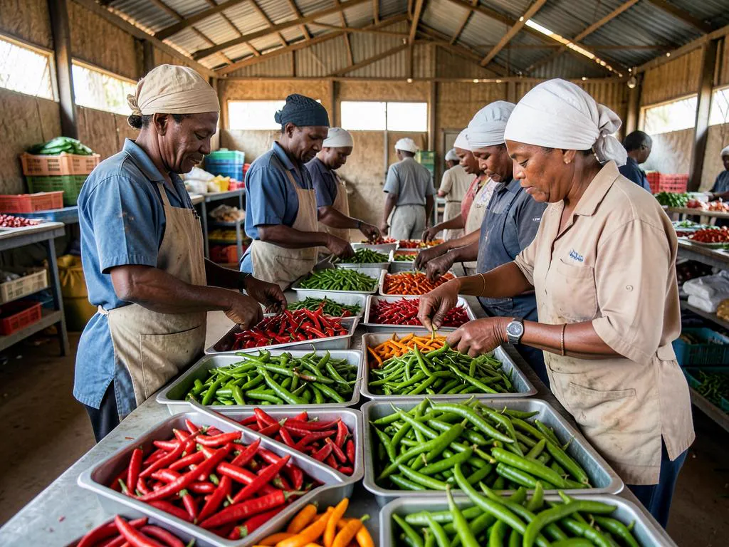 Sorting fresh chillies by colour and length at our packhouse