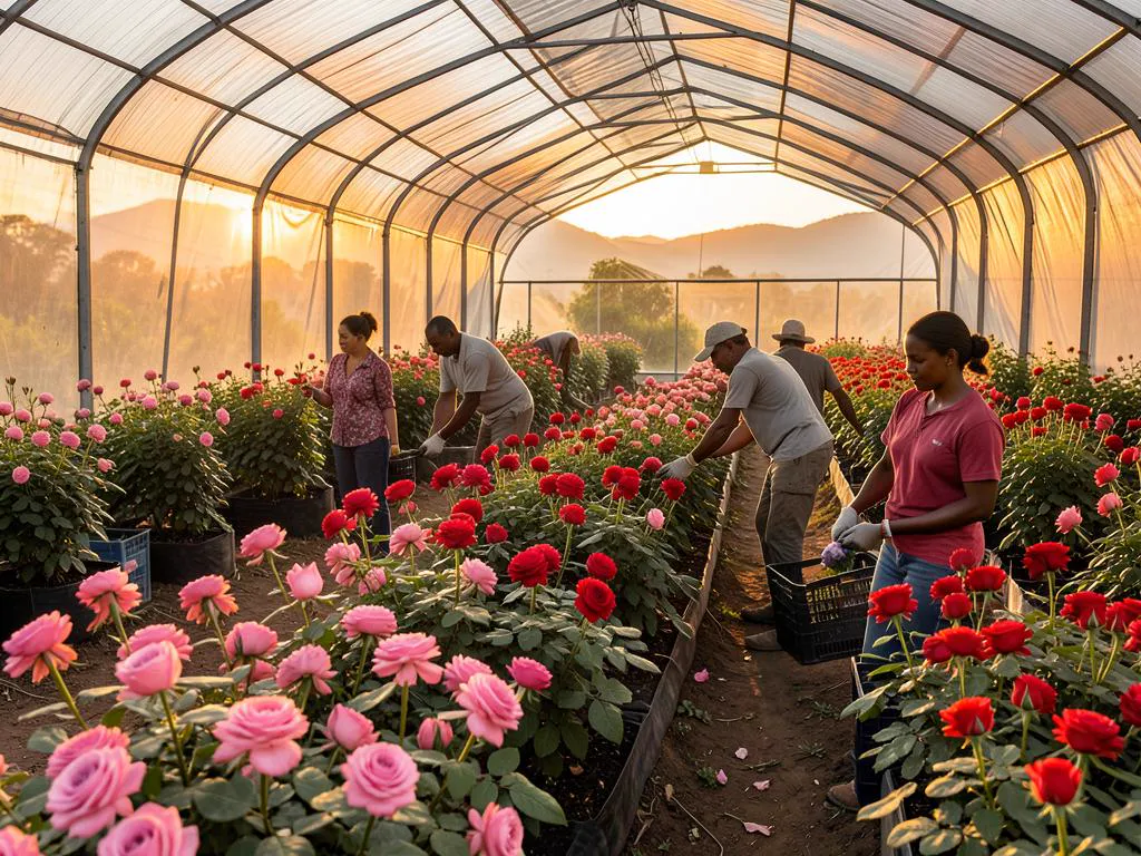 Rose harvest at sunrise on a Kenyan cut flower farm in Naivasha