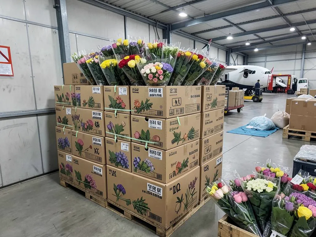 Fresh Kenyan flowers packed in export boxes at our packhouse