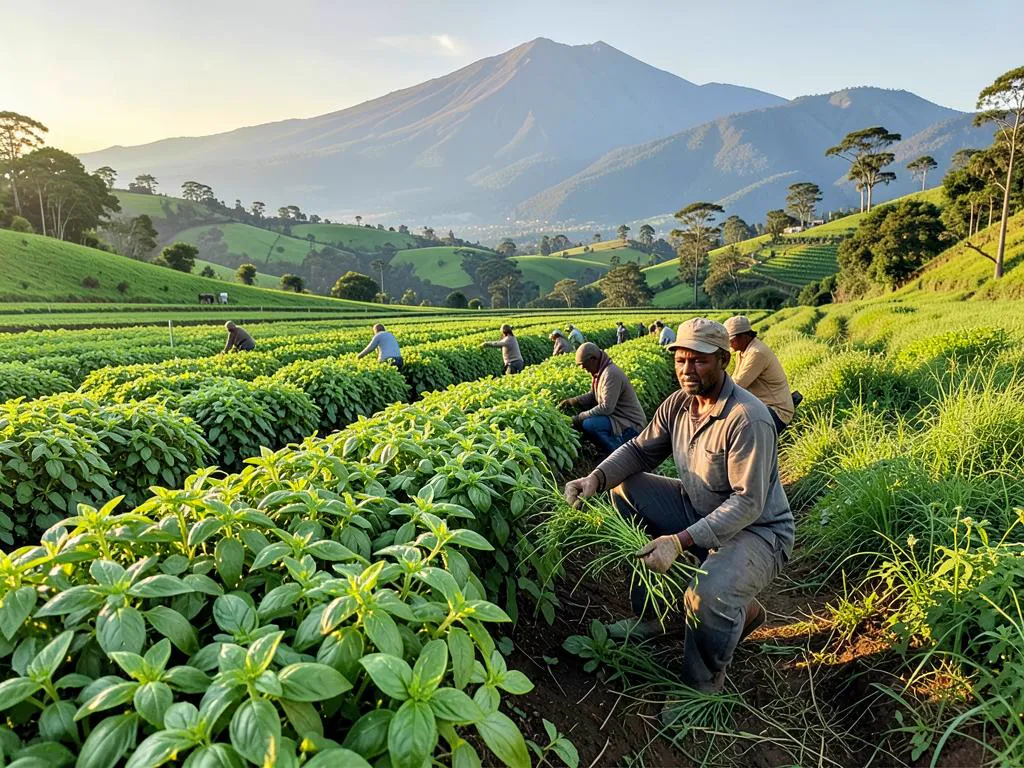 Farmers harvesting basil and coriander in the Kenyan highlands