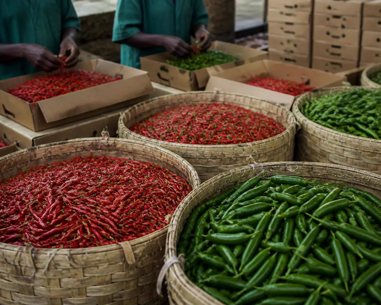 Bulk crates of graded red bird's eye and long green chillies at a Kenyan packhouse
