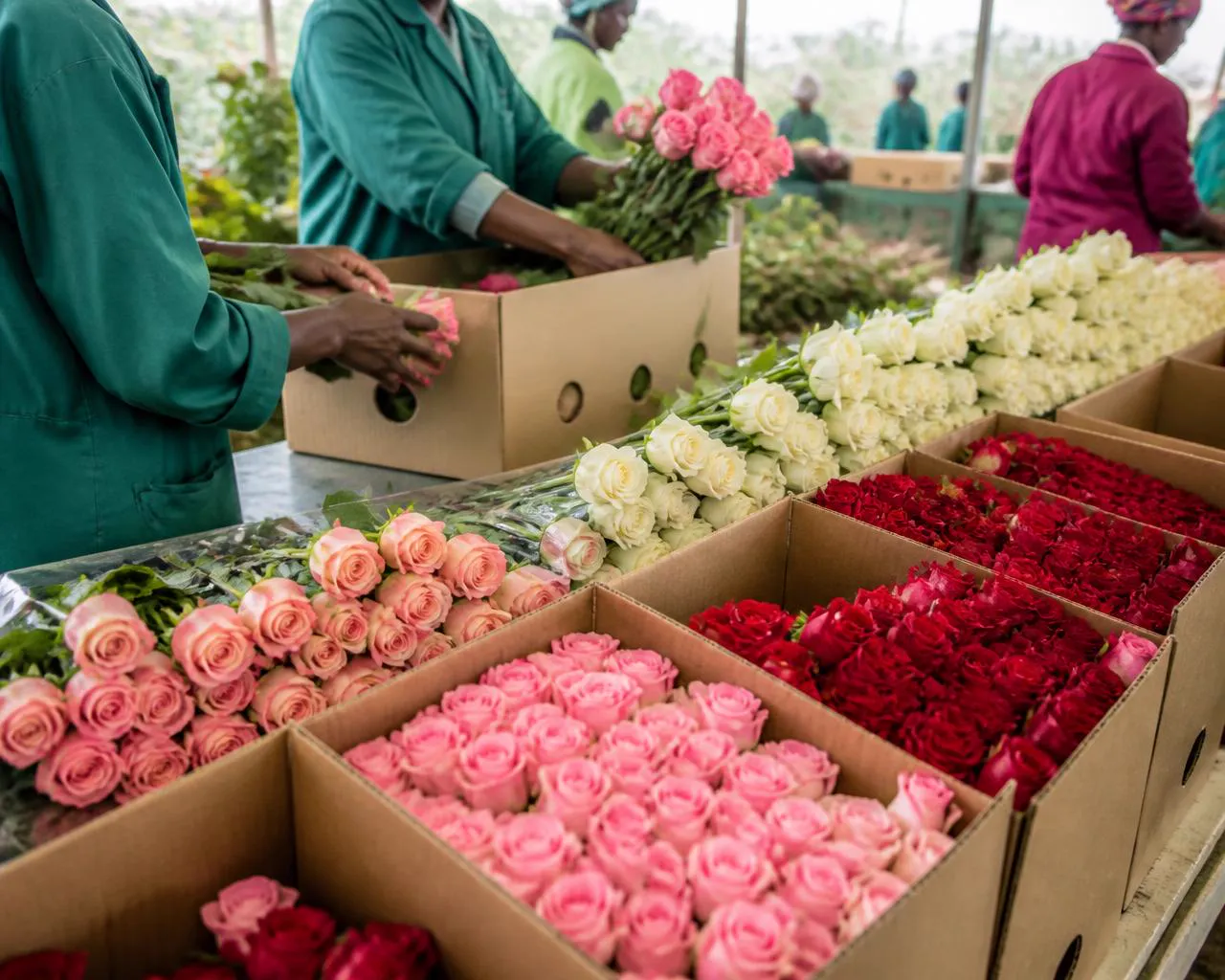 Export boxes of graded Kenyan roses packed in bulk at our flower packhouse