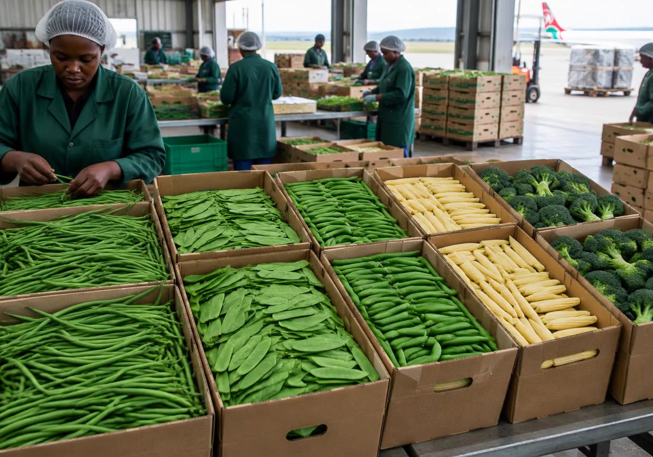 Export cartons of Kenyan French beans, snow peas, sugar snap peas, baby corn and broccoli at a packhouse